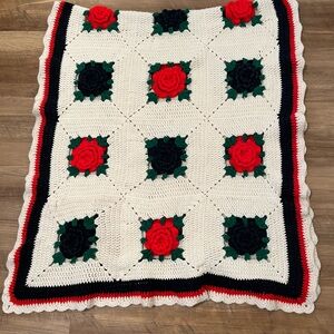 Granny Square Crochet Lap Afghan Blanket Throw 3D Red Rose Cottage Core